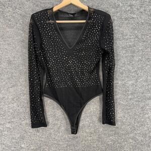 CBR Bodysuit Women L Large Black Rhinestone Long Sleeve V-Neck Sheer Casual